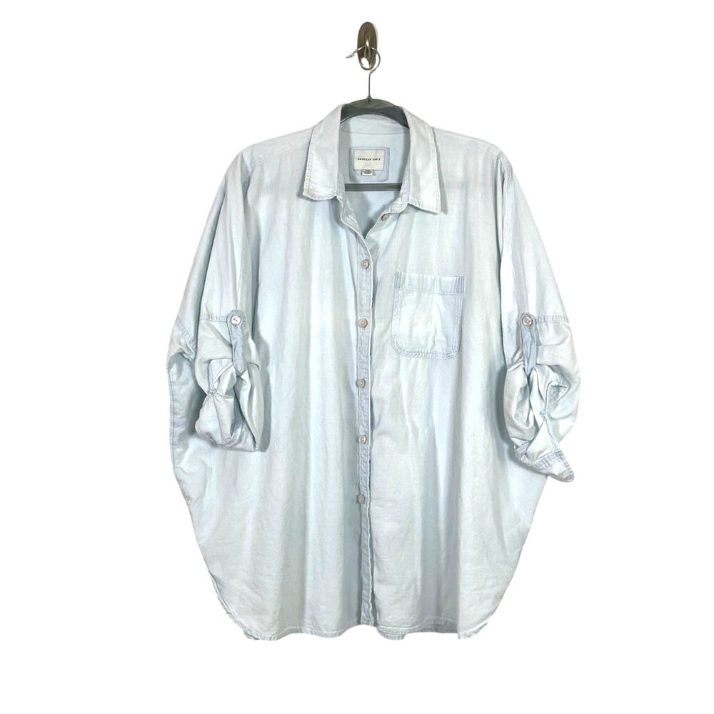 American Eagle Womens Oversized Light Wash Denim Button Up Top Roll Tab Medium